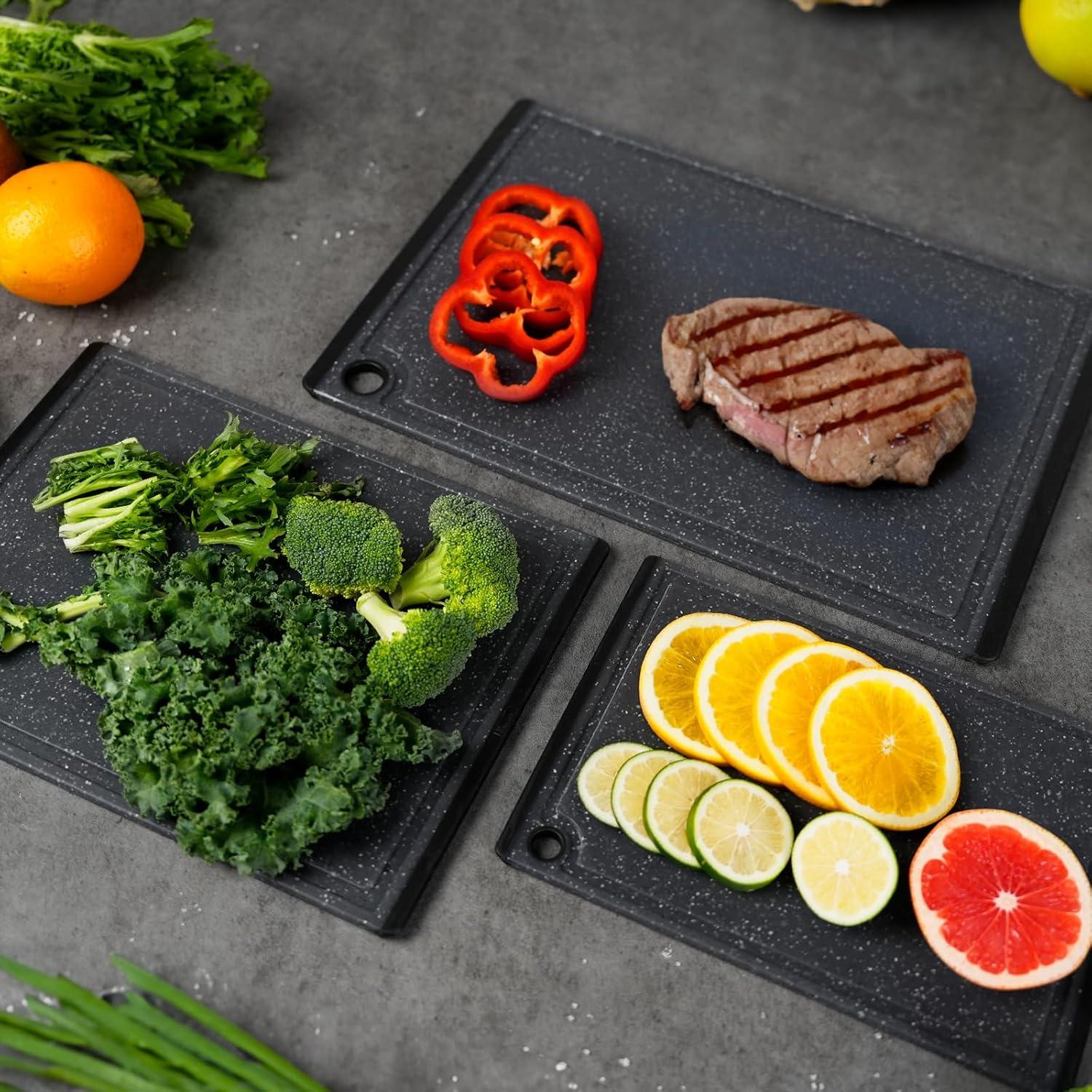 imageKikcoin Plastic Cutting Boards for Kitchen 3Piece Large Cutting Board Set Dishwasher Safe Chopping Boards with Nonslip Feet and Juice Grooves WhiteBlackGray