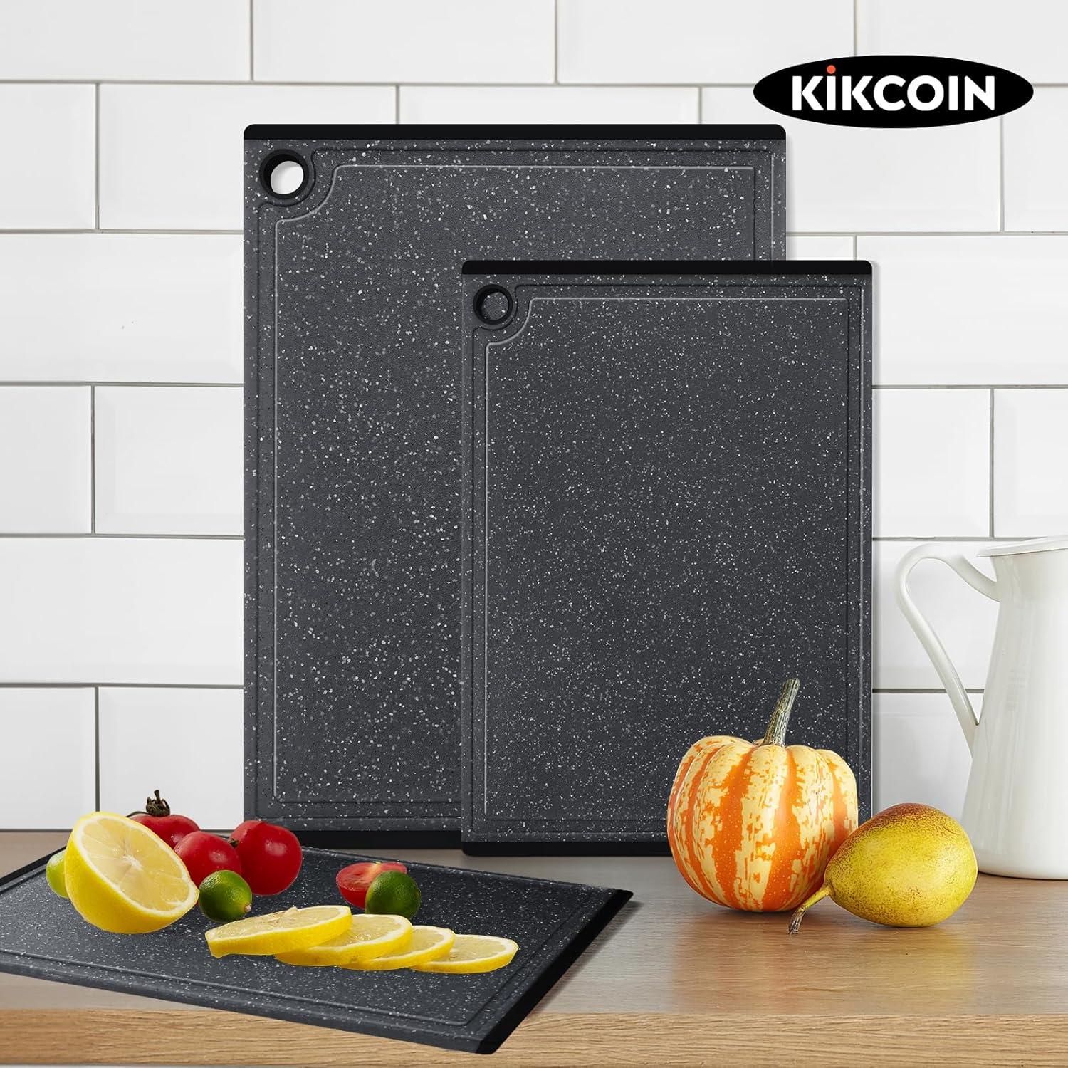 imageKikcoin Plastic Cutting Boards for Kitchen 3Piece Large Cutting Board Set Dishwasher Safe Chopping Boards with Nonslip Feet and Juice Grooves WhiteBlackGray