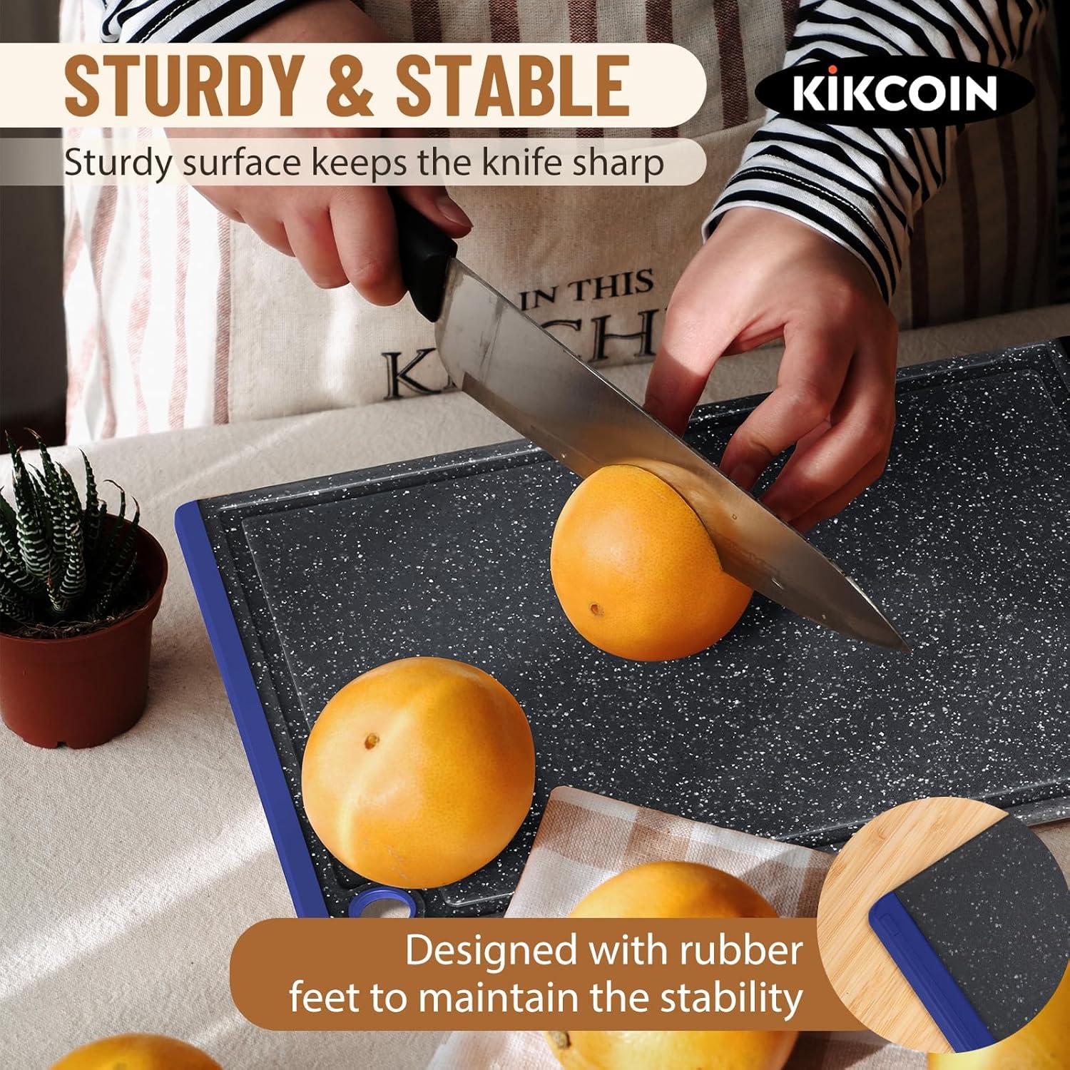 imageKikcoin Plastic Cutting Boards for Kitchen 3Piece Large Cutting Board Set Dishwasher Safe Chopping Boards with Nonslip Feet and Juice Grooves WhiteBlue