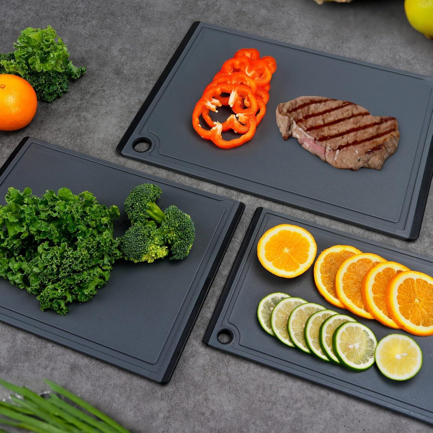 imageKikcoin Plastic Cutting Boards for Kitchen 3Piece Large Cutting Board Set Dishwasher Safe Chopping Boards with Nonslip Feet and Juice Grooves WhiteGray