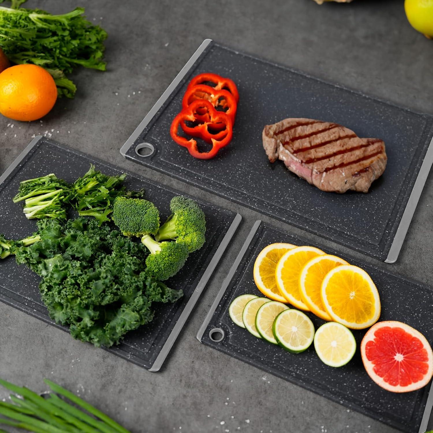 imageKikcoin Plastic Cutting Boards for Kitchen 3Piece Large Cutting Board Set Dishwasher Safe Chopping Boards with Nonslip Feet and Juice Grooves WhiteLight Gray