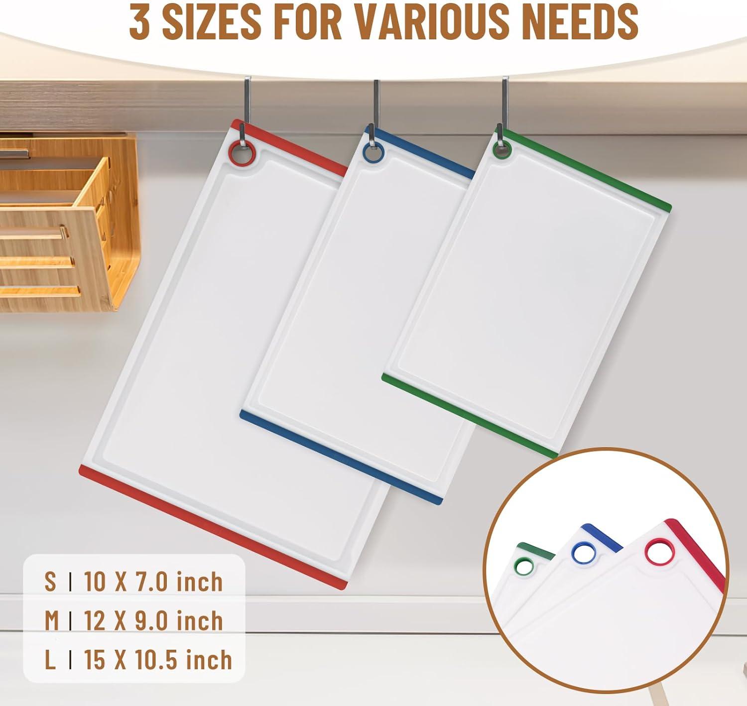 imageKikcoin Plastic Cutting Boards for Kitchen 3Piece Large Cutting Board Set Dishwasher Safe Chopping Boards with Nonslip Feet and Juice Grooves WhiteMulticolor