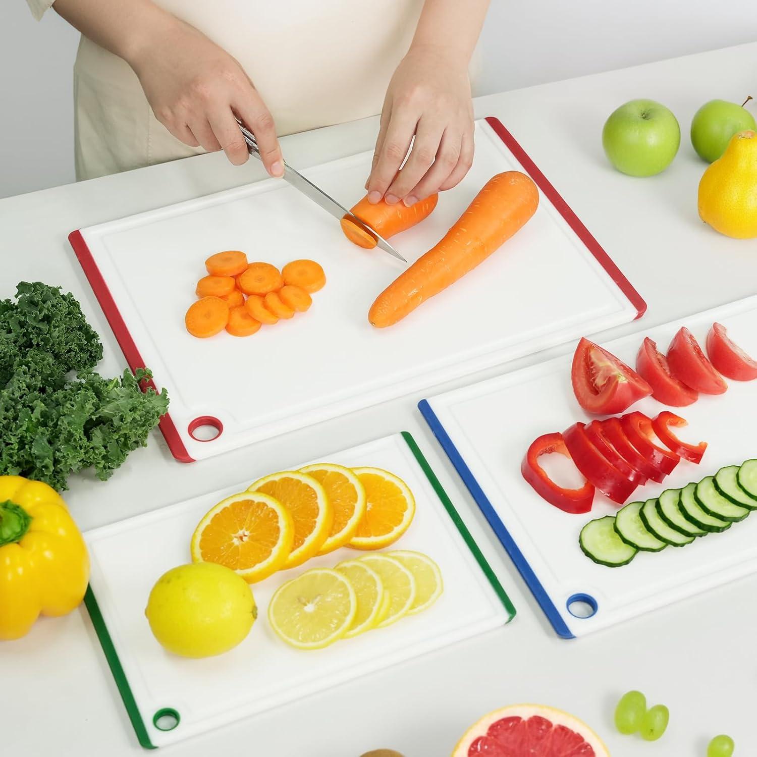 imageKikcoin Plastic Cutting Boards for Kitchen 3Piece Large Cutting Board Set Dishwasher Safe Chopping Boards with Nonslip Feet and Juice Grooves WhiteMulticolor