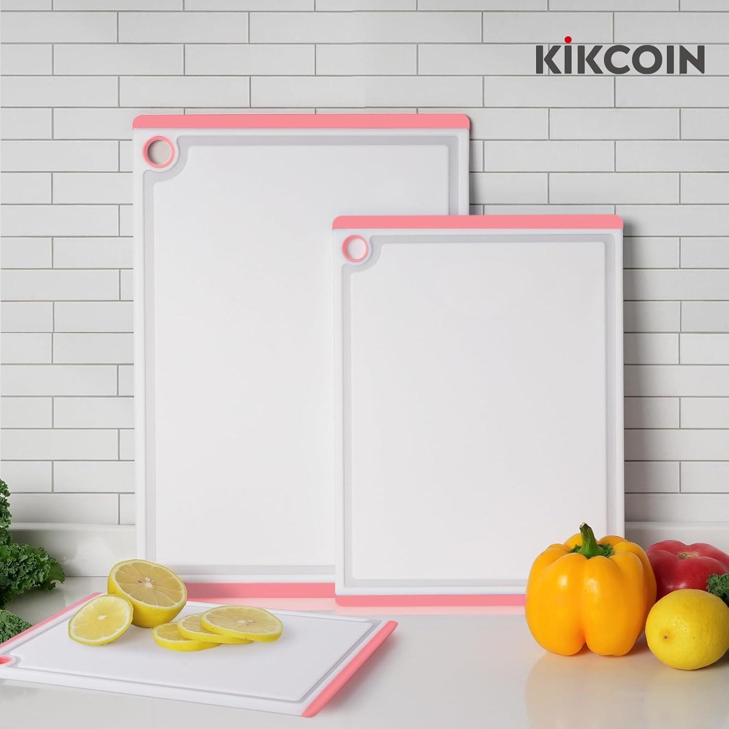 imageKikcoin Plastic Cutting Boards for Kitchen 3Piece Large Cutting Board Set Dishwasher Safe Chopping Boards with Nonslip Feet and Juice Grooves WhitePink