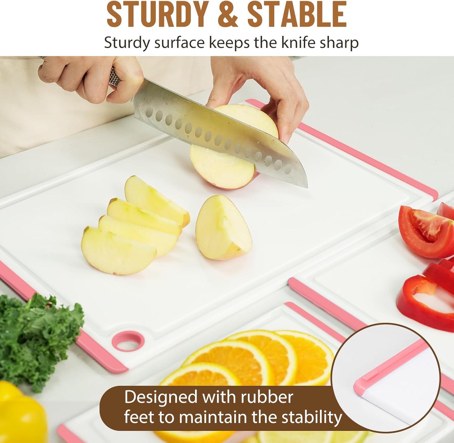 imageKikcoin Plastic Cutting Boards for Kitchen 3Piece Large Cutting Board Set Dishwasher Safe Chopping Boards with Nonslip Feet and Juice Grooves WhitePink
