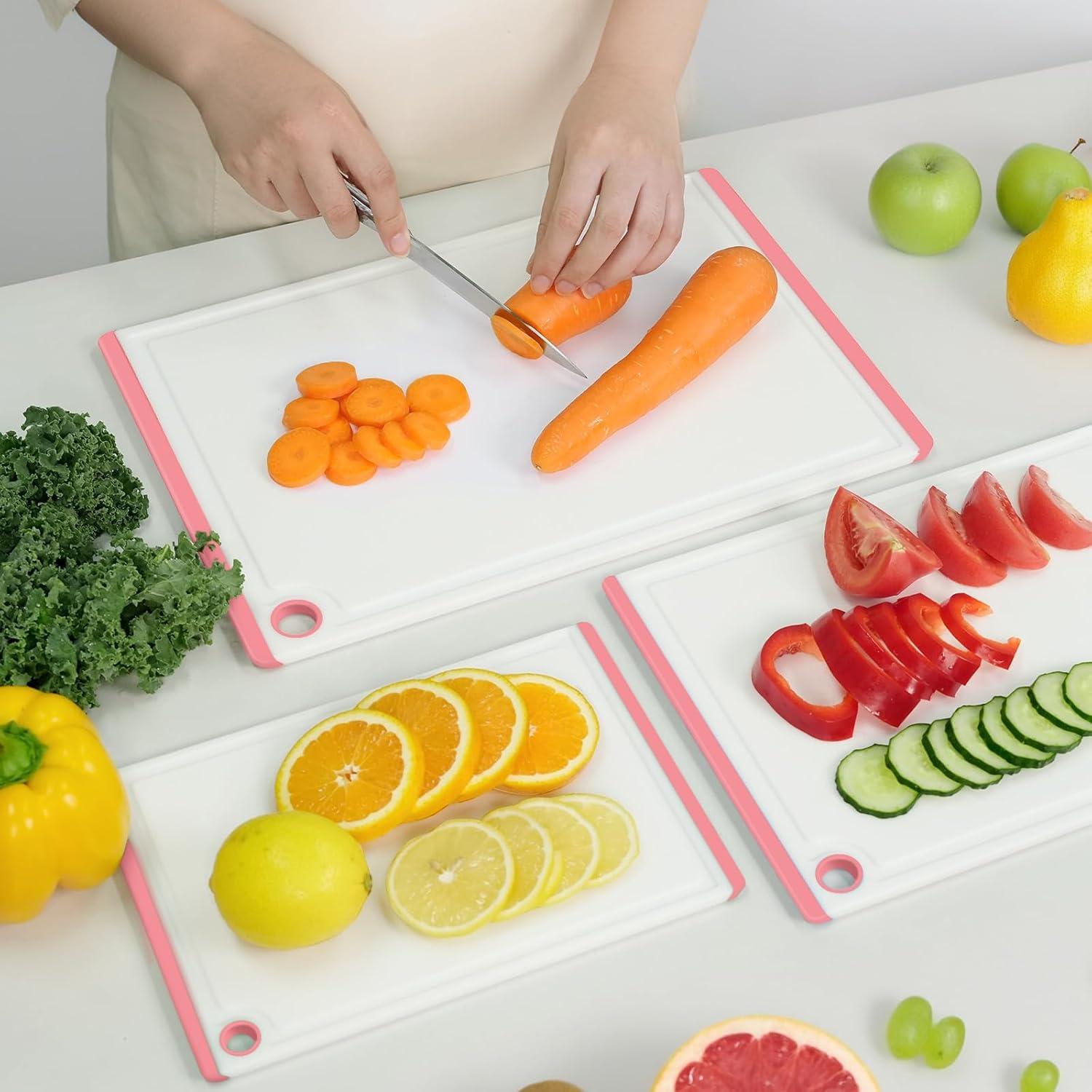imageKikcoin Plastic Cutting Boards for Kitchen 3Piece Large Cutting Board Set Dishwasher Safe Chopping Boards with Nonslip Feet and Juice Grooves WhitePink