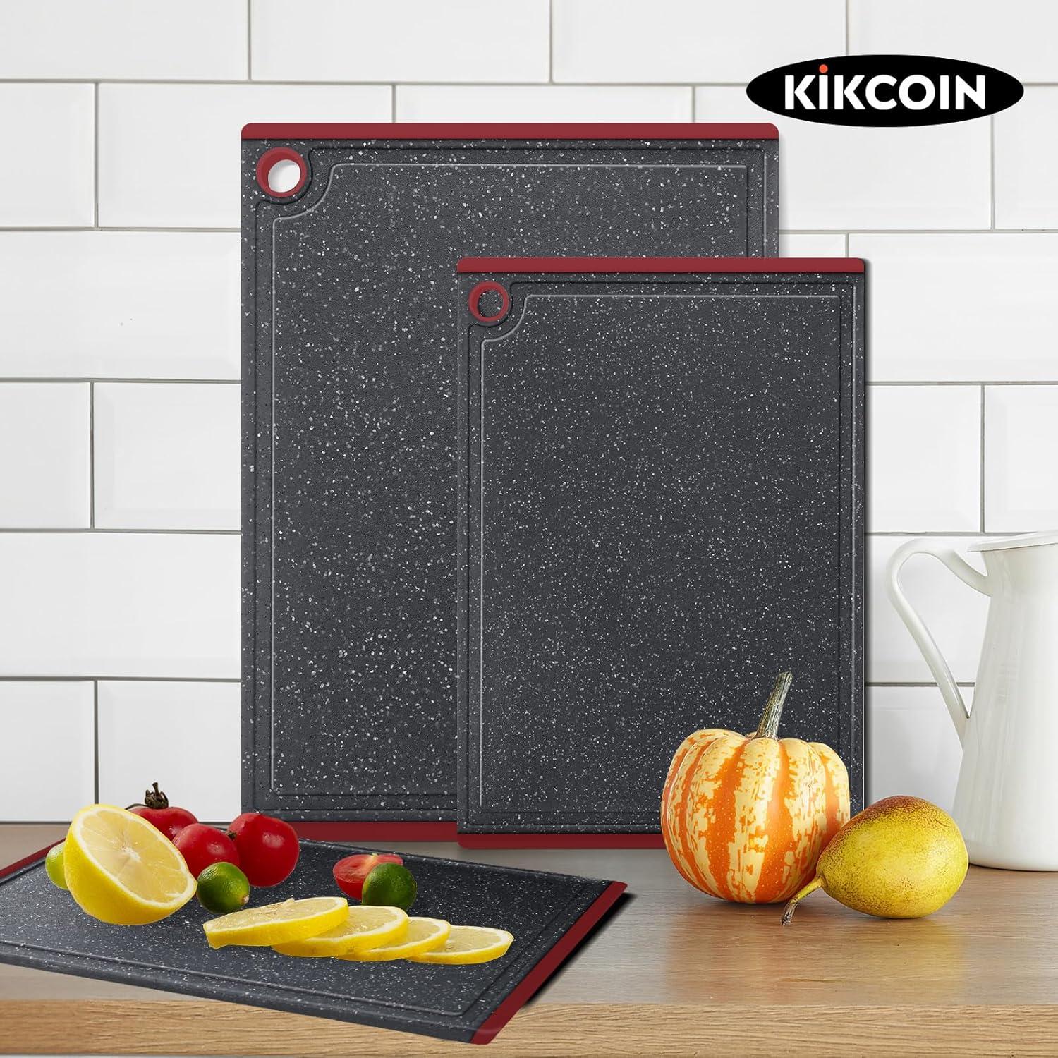 imageKikcoin Plastic Cutting Boards for Kitchen 3Piece Large Cutting Board Set Dishwasher Safe Chopping Boards with Nonslip Feet and Juice Grooves WhiteRed