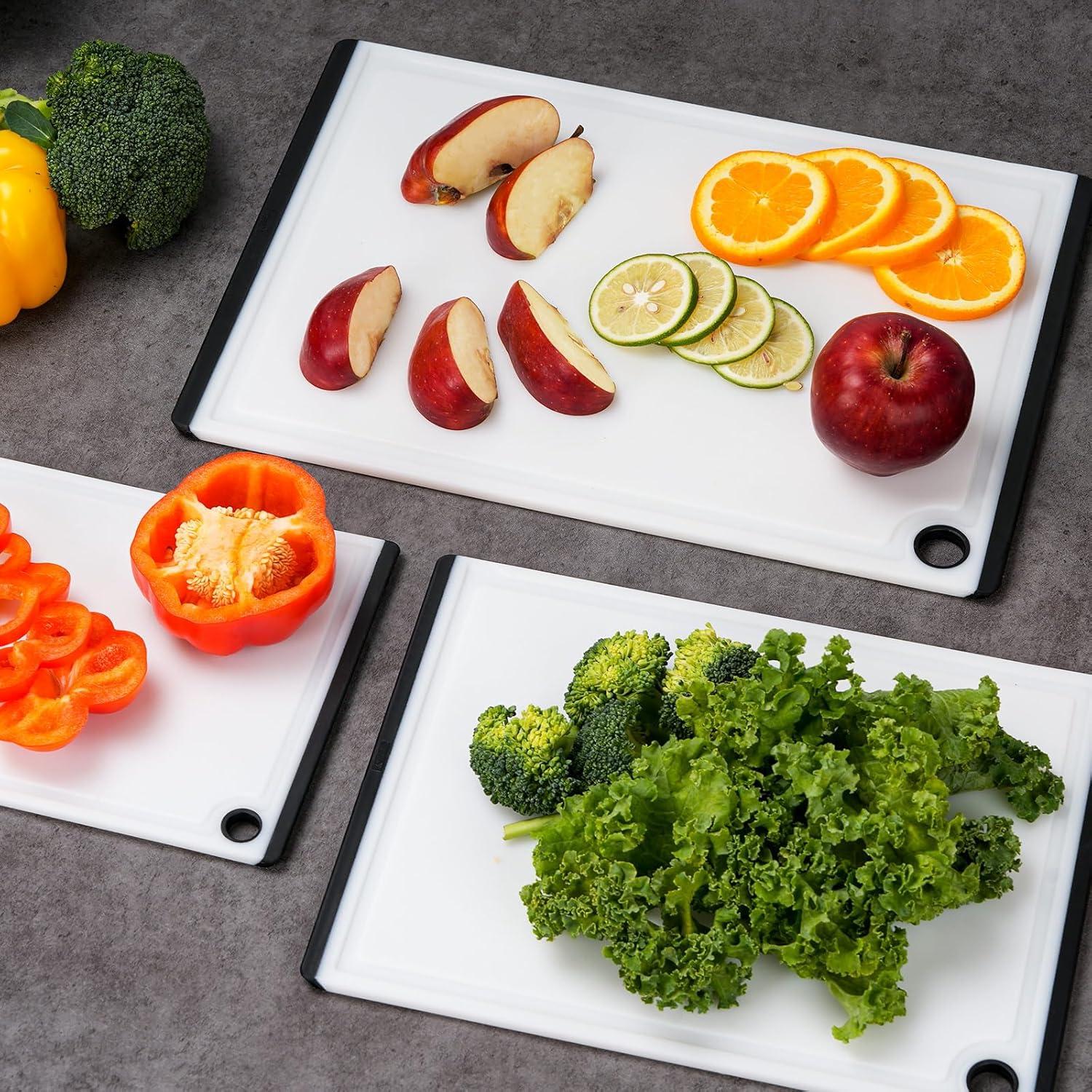 imageKikcoin Plastic Cutting Boards for Kitchen 3Piece Large Cutting Board Set Dishwasher Safe Chopping Boards with Nonslip Feet and Juice Grooves WhiteWhite