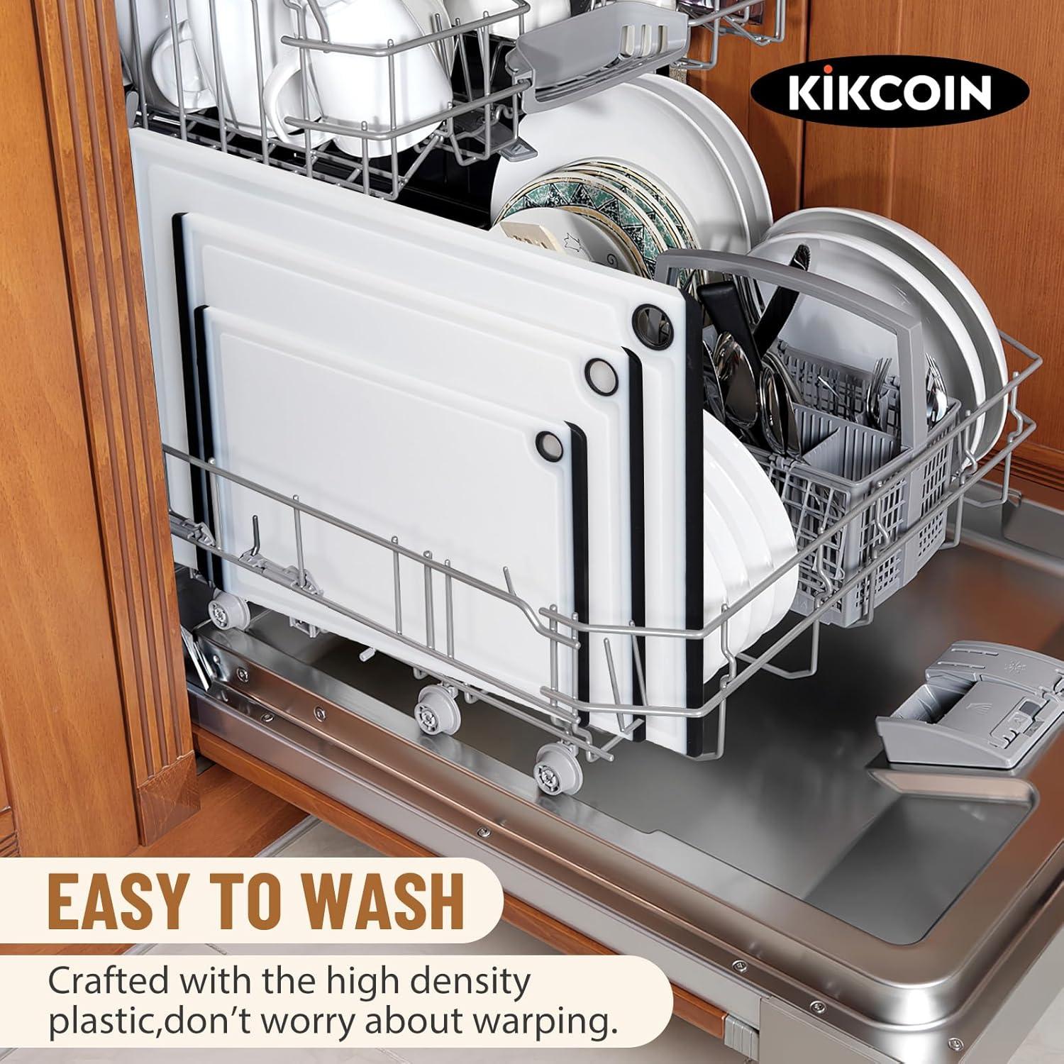 imageKikcoin Plastic Cutting Boards for Kitchen 3Piece Large Cutting Board Set Dishwasher Safe Chopping Boards with Nonslip Feet and Juice Grooves WhiteWhite