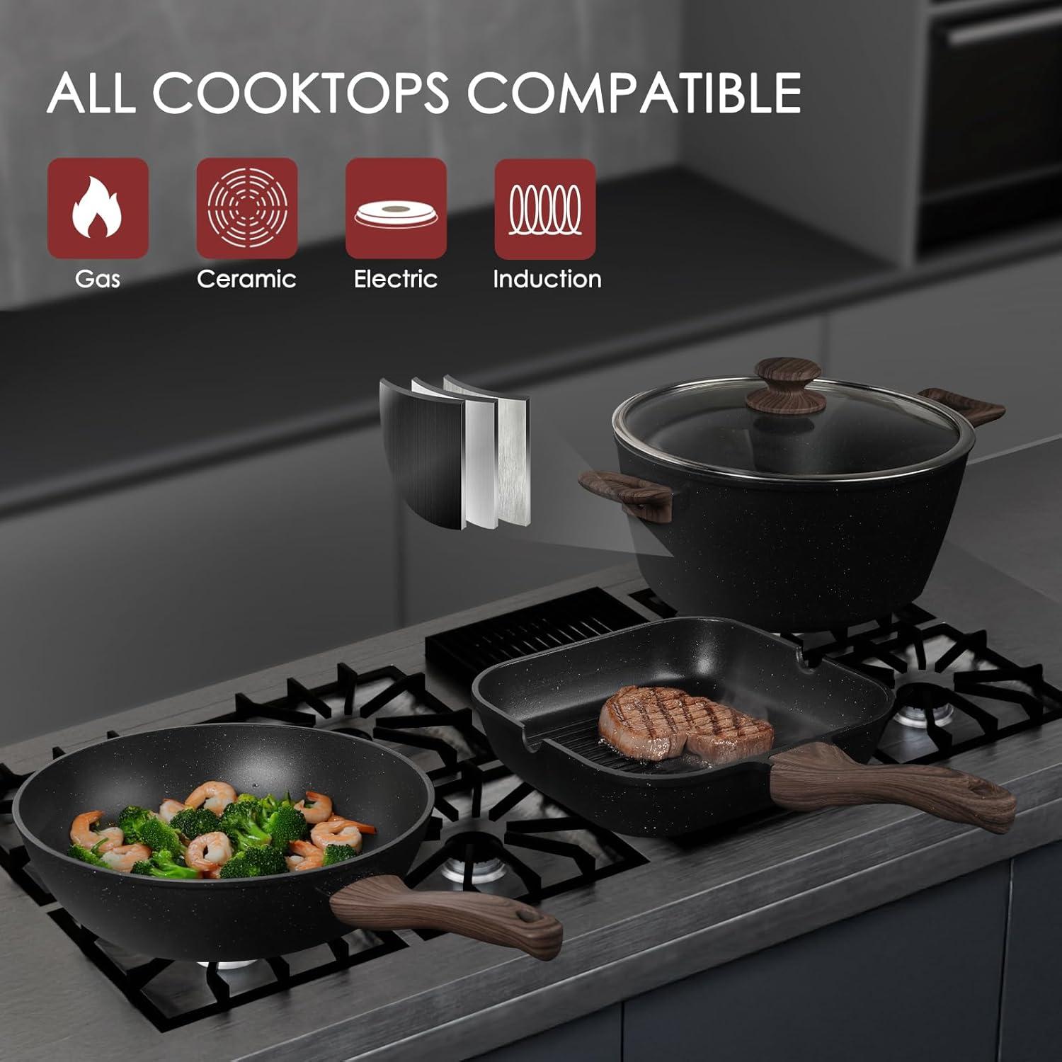 imageKikcoin Pots and Pans Set Non Stick 31 Piece Kitchen Nonstick Cooking Cookware Sets with Grill Pan Saucepan Baking Sheet UtensilBlack