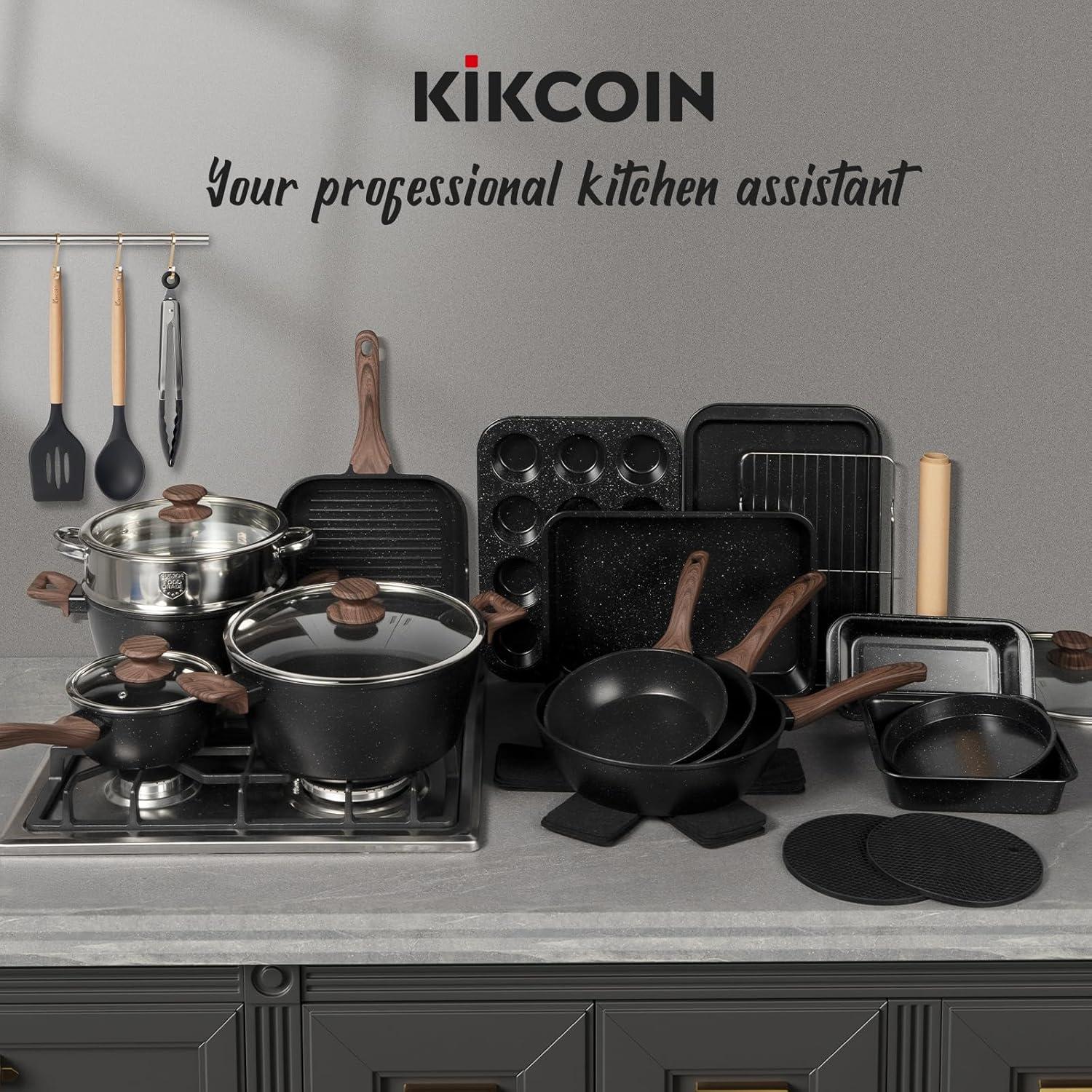 imageKikcoin Pots and Pans Set Non Stick 31 Piece Kitchen Nonstick Cooking Cookware Sets with Grill Pan Saucepan Baking Sheet UtensilBlack