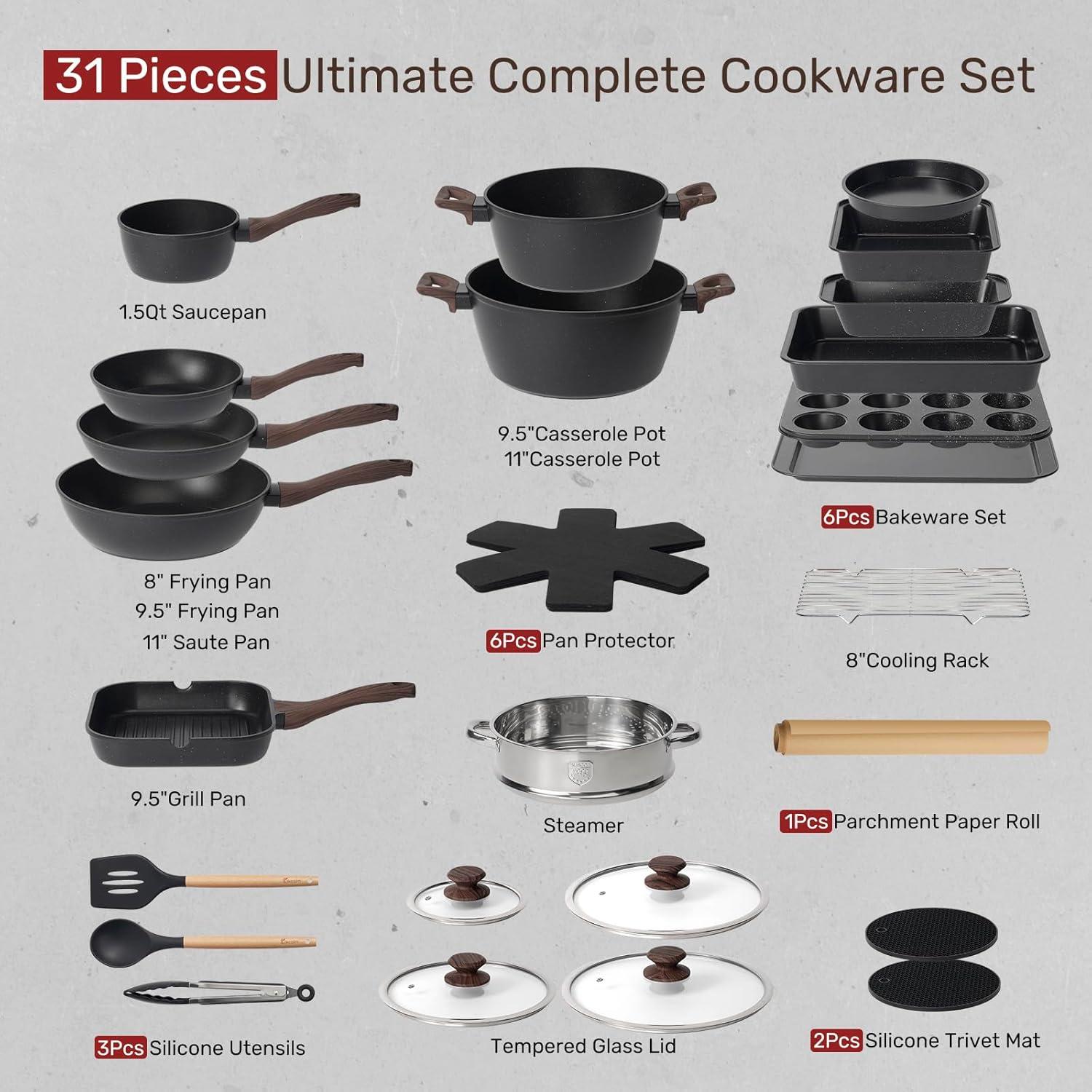 imageKikcoin Pots and Pans Set Non Stick 31 Piece Kitchen Nonstick Cooking Cookware Sets with Grill Pan Saucepan Baking Sheet UtensilBlack