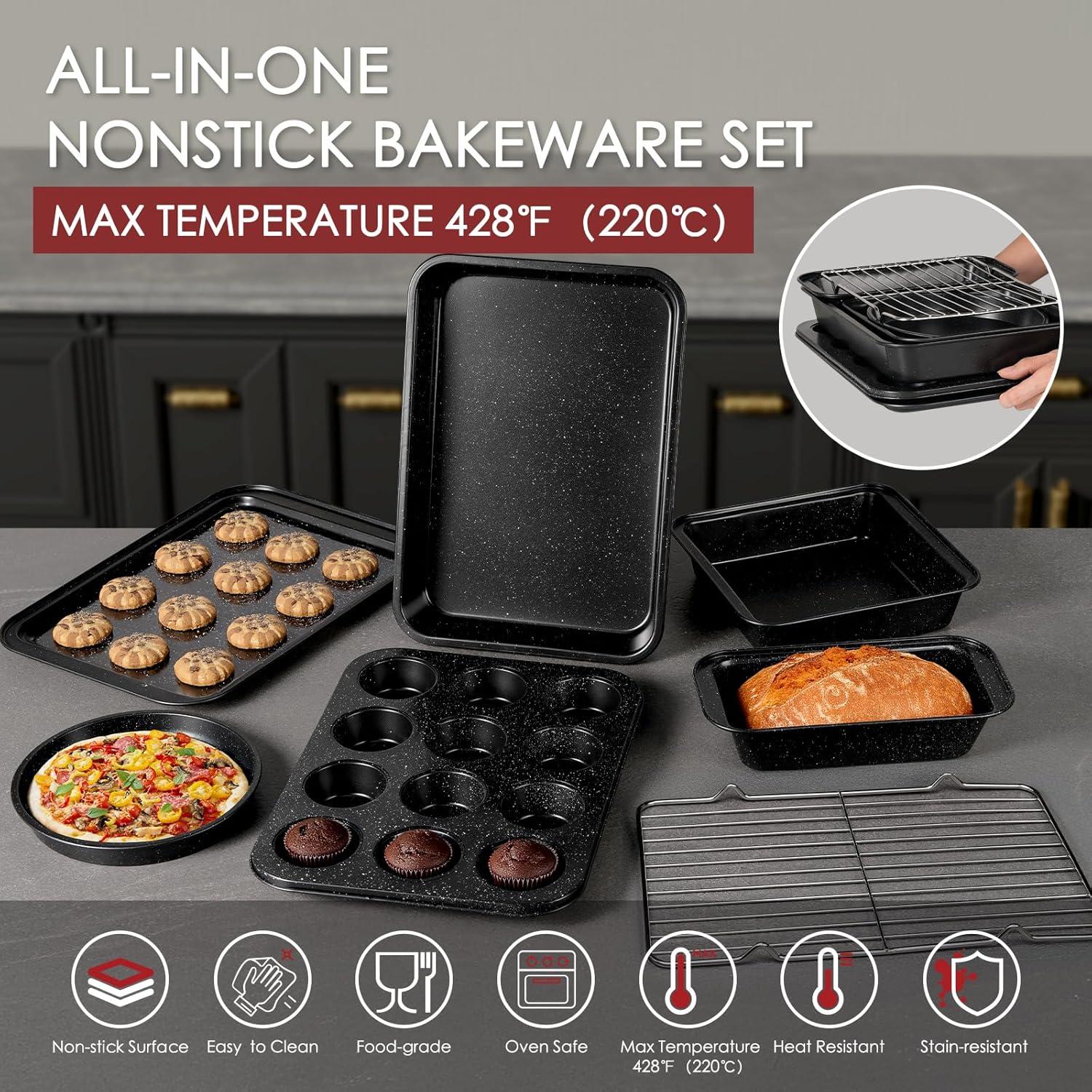 imageKikcoin Pots and Pans Set Non Stick 31 Piece Kitchen Nonstick Cooking Cookware Sets with Grill Pan Saucepan Baking Sheet UtensilBlack