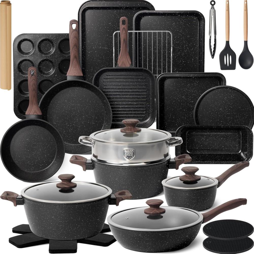 imageKikcoin Pots and Pans Set Non Stick 31 Piece Kitchen Nonstick Cooking Cookware Sets with Grill Pan Saucepan Baking Sheet UtensilBlack