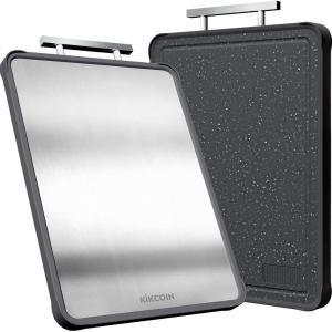 imageKikcoin Double Sided Stainless Steel Cutting Boards for Kitchen Stainless Steel and Wheat Straw PP Large Chopping Board BlackBlack