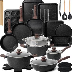 imageKikcoin Pots and Pans Set Non Stick 31 Piece Kitchen Nonstick Cooking Cookware Sets with Grill Pan Saucepan Baking Sheet UtensilBlack