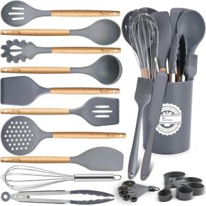image23 PCS Kitchen Utensils Set Kikcoin Wood Handle Silicone Cooking Utensils Set with Holder Spatulas Silicone Heat Resistant Cooking Gadgets for Nonstick Cookware Grey