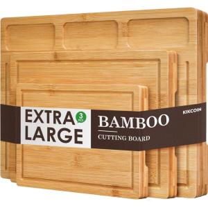 imageBamboo Cutting Boards for Kitchen Set of 3 Kitchen Chopping Board with 3 BuiltIn Compartments and Juice Groove Heavy Duty Serving Tray Wood Butcher Block and Wooden Carving Board KikcoinBamboo