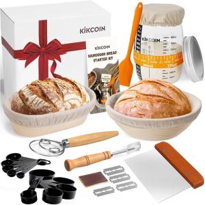 imageComplete Sourdough Starter Kit Kikcoin 26PCS Banneton Bread Proofing Basket Set Includes 35oz Sourdough Starter Jar Sourdough Bread Baking Supplies with Bread Lame Danish Whisk Dough Scraper10 Round Basket  10 Oval Basket  Sourdough Jar