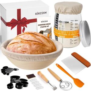 imageComplete Sourdough Starter Kit Kikcoin 26PCS Banneton Bread Proofing Basket Set Includes 35oz Sourdough Starter Jar Sourdough Bread Baking Supplies with Bread Lame Danish Whisk Dough Scraper10 Round Basket  Sourdough Jar