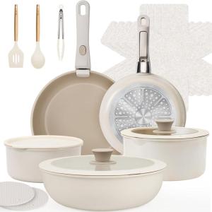 imageKIKCOIN 20 Pcs Pots and Pans Set Non Stick Detachable Handle Cookware Sets Nonstick Non Toxic Induction RV Kitchen Cooking Set with Removable Handles DishwasherOven Safe Easy Clean BlackBeige with Taupe