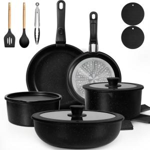 imageKIKCOIN 20 Pcs Pots and Pans Set Non Stick Detachable Handle Cookware Sets Nonstick Non Toxic Induction RV Kitchen Cooking Set with Removable Handles DishwasherOven Safe Easy Clean BlackBlack