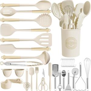 imageKikcoin 43Pcs Kitchen Utensils Set  Silicone Cooking Utensil Set Dishwasher Safe Spatula for Nonstick Cookware 446F Heat Resistant Kitchen Gadgets with Holder BPA Free Avocado GreenCream