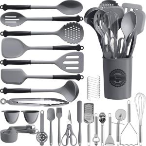 imageKikcoin 43Pcs Kitchen Utensils Set  Silicone Cooking Utensil Set Dishwasher Safe Spatula for Nonstick Cookware 446F Heat Resistant Kitchen Gadgets with Holder BPA Free Avocado GreenGray