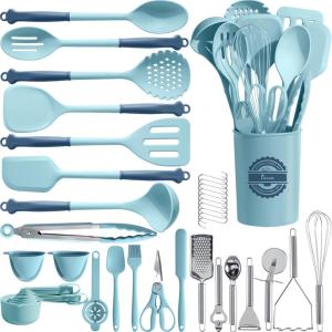 imageKikcoin 43Pcs Kitchen Utensils Set  Silicone Cooking Utensil Set Dishwasher Safe Spatula for Nonstick Cookware 446F Heat Resistant Kitchen Gadgets with Holder BPA Free Avocado GreenBlue
