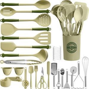 imageKikcoin 43Pcs Kitchen Utensils Set  Silicone Cooking Utensil Set Dishwasher Safe Spatula for Nonstick Cookware 446F Heat Resistant Kitchen Gadgets with Holder BPA Free Avocado GreenAvocado Green