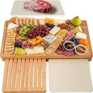 imageKikcoin Bamboo Cutting Board Set with Defrosting Tray Wood Cutting Boards for Kitchen with Deep Juice Grooves ampamp Builtin Organizer Meal Prep Charcuterieampamp Chopping Board for Meat Vegetables and Bread