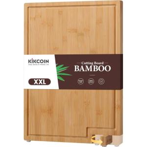 imageKikcoin Bamboo Cutting Boards for Kitchen Extra Large Wood Cutting Board with Rotating Kickstand ampamp Juice Groove Wooden Chopping Board for Meats Veges Fruits Heavy Duty Serving Tray 17 x 113 inch20L x 14W
