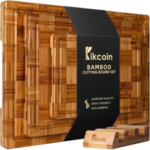 imageKikcoin Extra Large Bamboo Cutting Boards Set of 3 Chopping Boards with Juice Groove Bamboo Wood Cutting Board Set Butcher Block for Kitchen End Grain Serving Tray