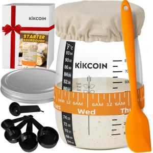 imageKikcoin Sourdough Starter Kit 35oz Large Capacity Sourdough Starter Jar with Date Marked Feeding Band Thermometer Stainless Steel Lid Measuring Spoons Reusable Sourdough Bread Baking SuppliesOrange