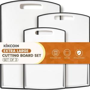 imageNon Slip Cutting Board Kikcoin Extra Large Plastic Cutting Boards for Kitchen Dishwasher Safe Chopping Board Set of 3 with Juice Grooves Easy Grip HandleWhite