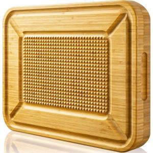 imageTurkey Carving Board Heavy Duty Meat Cutting Board for Thanksgiving Bamboo Wood Butcher Block Brisket Cutting Boards with Juice Groove Pyramid Spikes Stabilizes Steak or Turkey While Carving