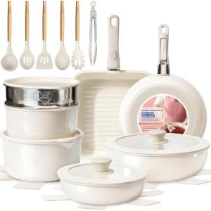 imageKIKCOIN Ceramic Nonstick Pots and Pans Set  Cookware Set with Detachable Handle  25 Pack Stackable Cooking Set for RV Kitchen with Frying Pans Steamer  InductionDishwasherOven Safe PFOA Free