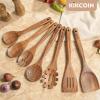 imageKikcoin Wood Kitchen Utensils Set 10 PCS Solid Teak Wooden Spoons for Cooking with Long Handle HeatResistant Wooden Cooking Utensils Set for Nonstick Cookware Including Hanging Hole7 PCS SET