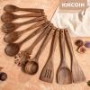 imageKikcoin Wood Kitchen Utensils Set 10 PCS Solid Teak Wooden Spoons for Cooking with Long Handle HeatResistant Wooden Cooking Utensils Set for Nonstick Cookware Including Hanging Hole10 PCS SET