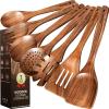 imageKikcoin Wood Kitchen Utensils Set 10 PCS Solid Teak Wooden Spoons for Cooking with Long Handle HeatResistant Wooden Cooking Utensils Set for Nonstick Cookware Including Hanging Hole7 PCS SET