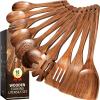 imageKikcoin Wood Kitchen Utensils Set 10 PCS Solid Teak Wooden Spoons for Cooking with Long Handle HeatResistant Wooden Cooking Utensils Set for Nonstick Cookware Including Hanging Hole10 PCS SET